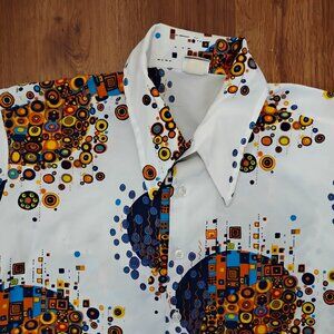 Vintage MCM Golden Vee Abstract Geometric Dots Circles Polyester Disco Shirt